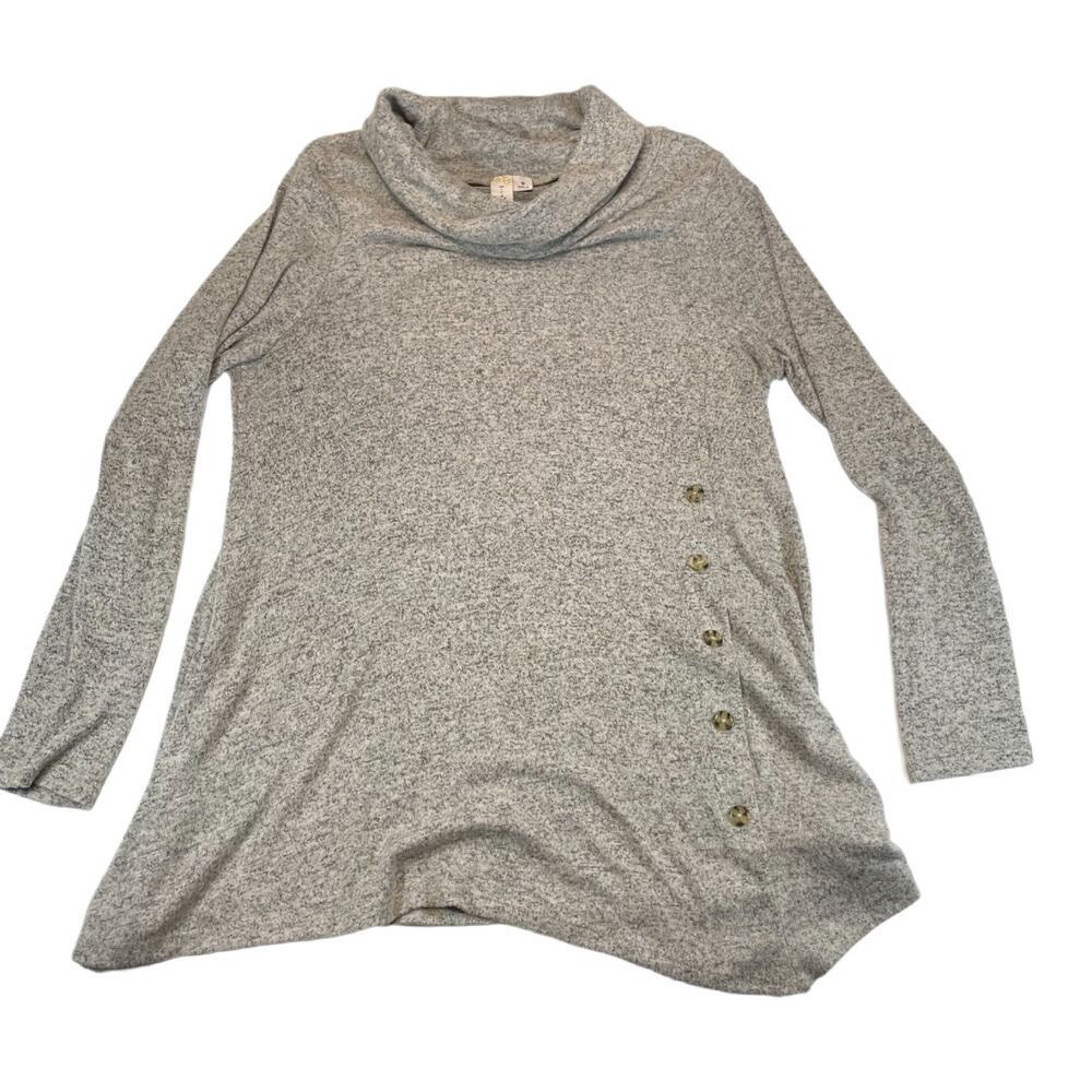 MISIA Cowl Neck Tunic Sweater Side Buttons Gray Heathered Tapered Hem M Women's